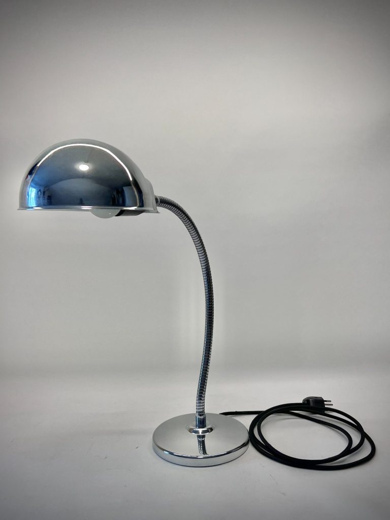1970s Italian Chrome Lamp – Industrial / Space Age, Attributed to Reggiani Vintage Italian chrome lamp, 1970s, attributed to Reggiani. Adjustable gooseneck, heavy base, dome shade. Rare industrial/Space Age hybrid i