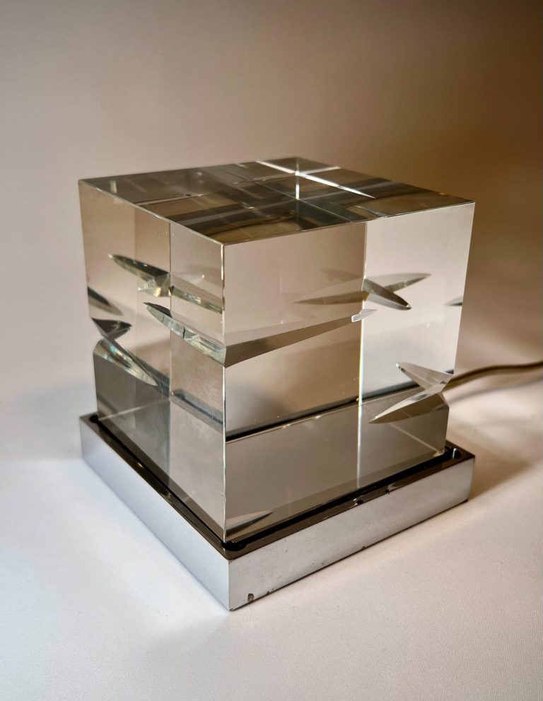 Gamma3 Illuminazione Glass Cube Lamp Prototype, Italy (c. 1970s–80s) One-of-a-kind Italian glass cube lamp prototype by Gamma3 Illuminazione, 1970s modernist design with chrome base