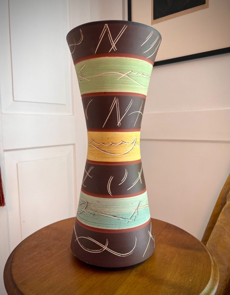 Vintage Ceramic Vase – 1960s Textured Studio Pottery Mid-century ceramic vase with etched geometric bands and textured finish