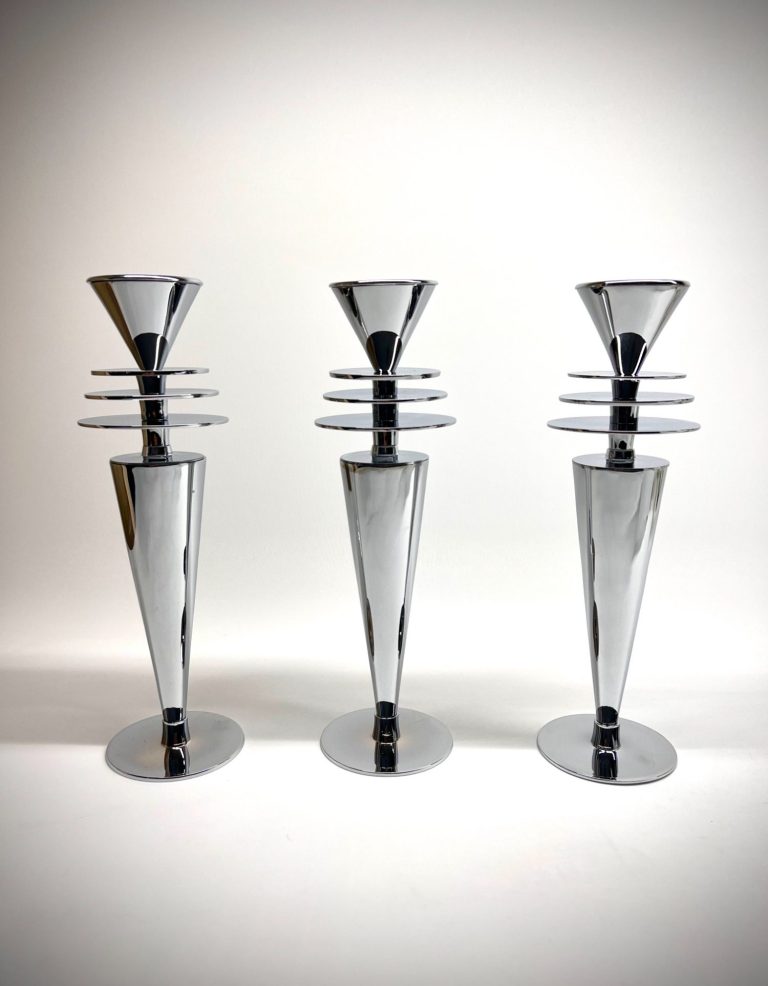 Paul Wood Candlestick Trio – Chrome Revival from Original Brass Trio of vintage candlesticks with stepped Art Deco design and chrome finish
