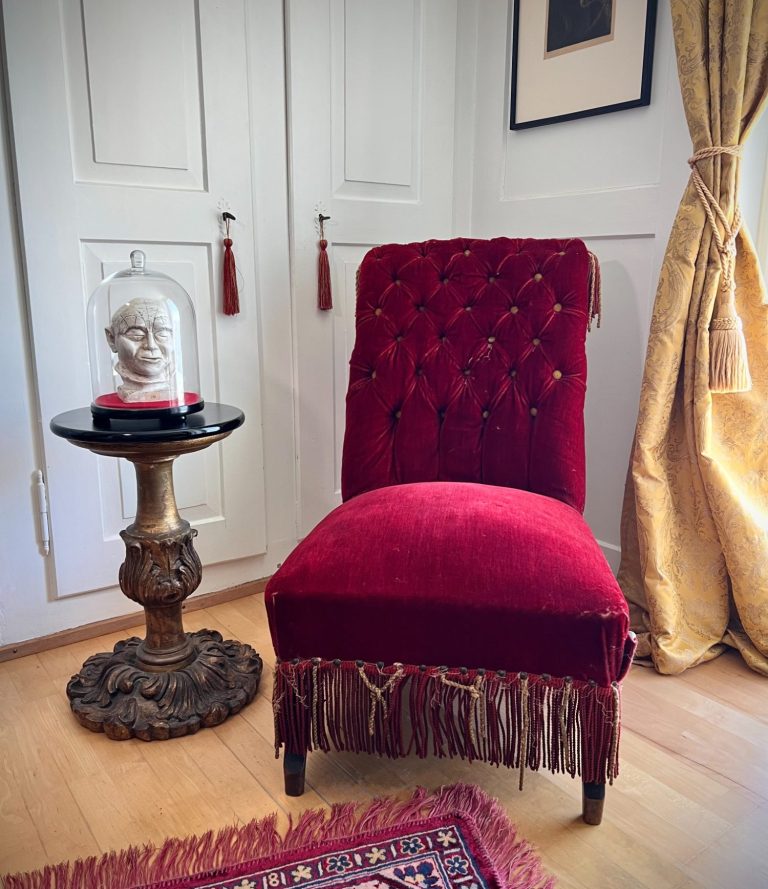 Flamboyant Tassel Chair – Italian Origin Italian lounge chair with tassels, planned violet velvet makeover