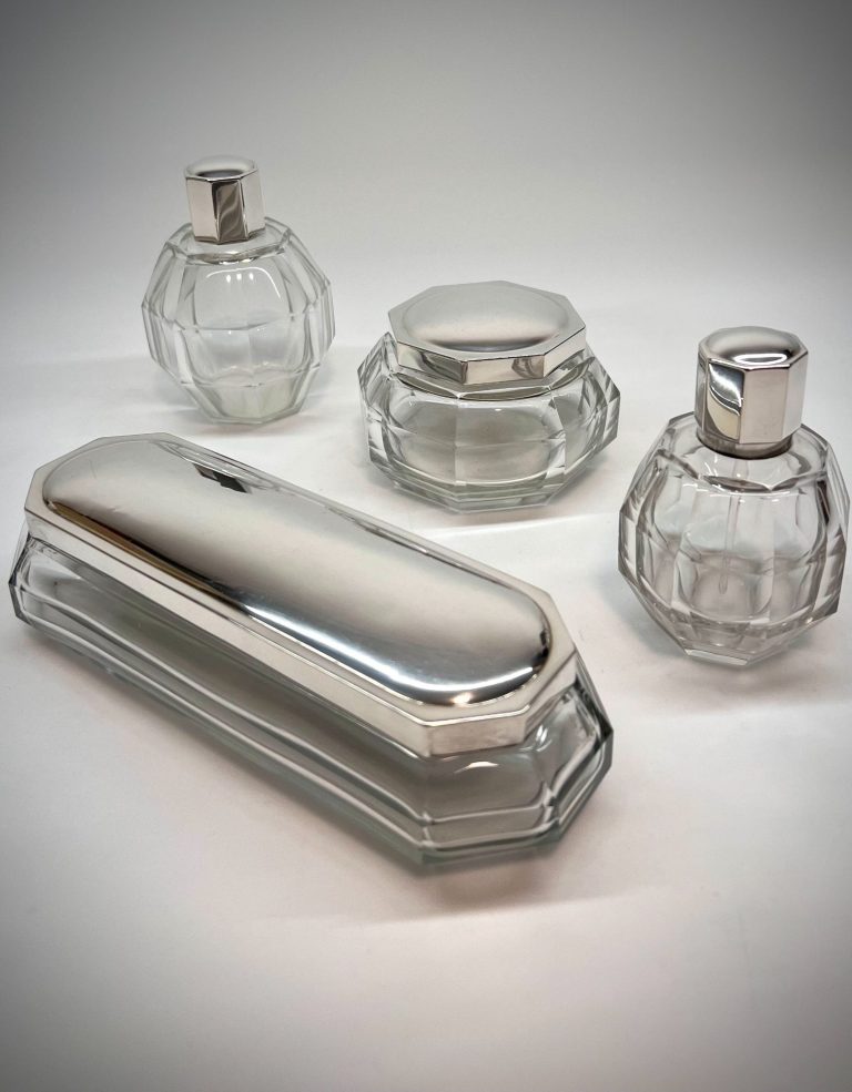 1920s Art Deco Vanity Set – Silver & Crystal – Wolfers Frères & Val Saint Lambert Art Deco vanity set with faceted crystal and silver lids by Wolfers Frères and Val Saint Lambert, ca. 1920