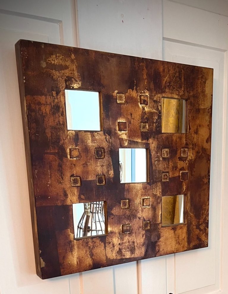 Artisan-Crafted Mirror – Gold Leaf Geometric Frame, Late 20th Century Artisan-crafted square wall mirror with nine inset panels in a gold leaf geometric frame, raised texture, Central Europe, late 20th century