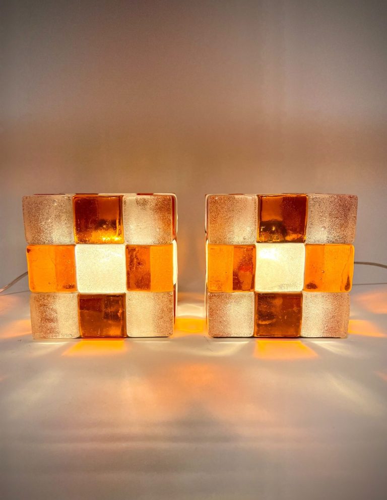 Italian Glass Tile Lamps, Brutalist Style, 1970s, Pair A pair of cube-shaped Italian lamps Murano glass blocks, attributed to Albano Poli for Poliarte