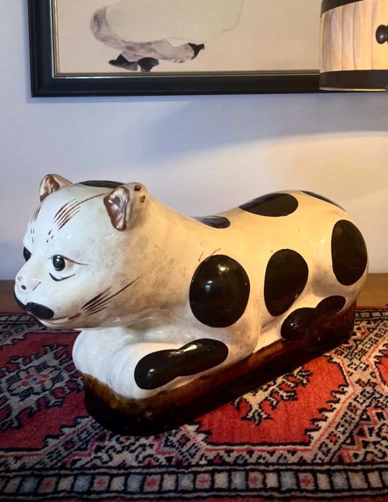 Cizhou Ceramic Cat Pillow – China, Late Qing or Early 20th C. Cizhou-style ceramic cat pillow with black spots and white glaze, reclining form, late Qing or early 20th century