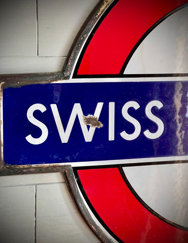 London Underground Enamel Sign – Swiss Cottage Bullseye Vintage London Underground enamel bullseye sign for Swiss Cottage station, with red and blue roundel