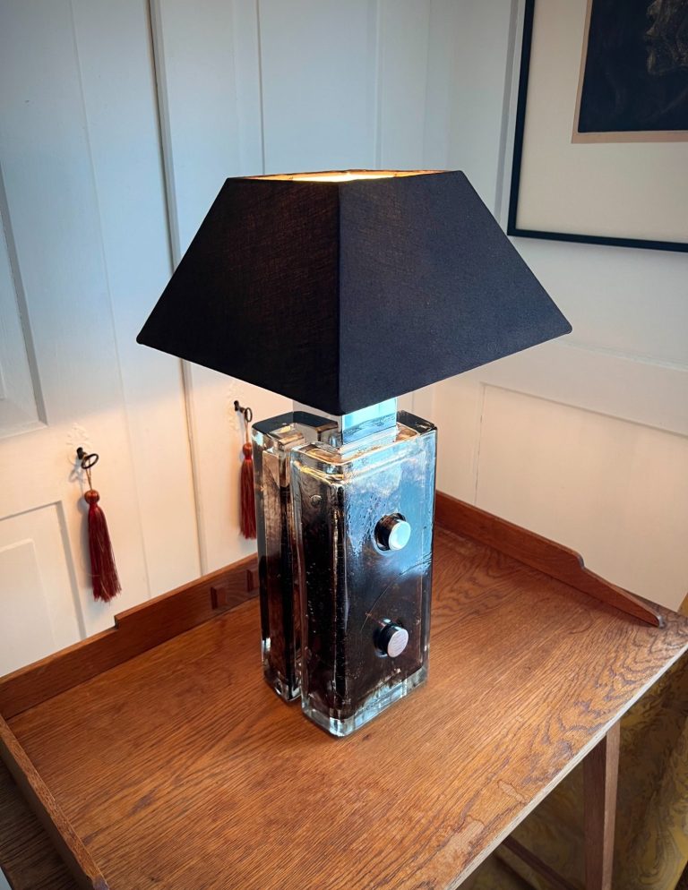 Helena Tynell Glass Table Lamp – Glashütte Limburg, 1970s 1970s table lamp by Helena Tynell for Glashütte Limburg with structured glass base and original textile shade