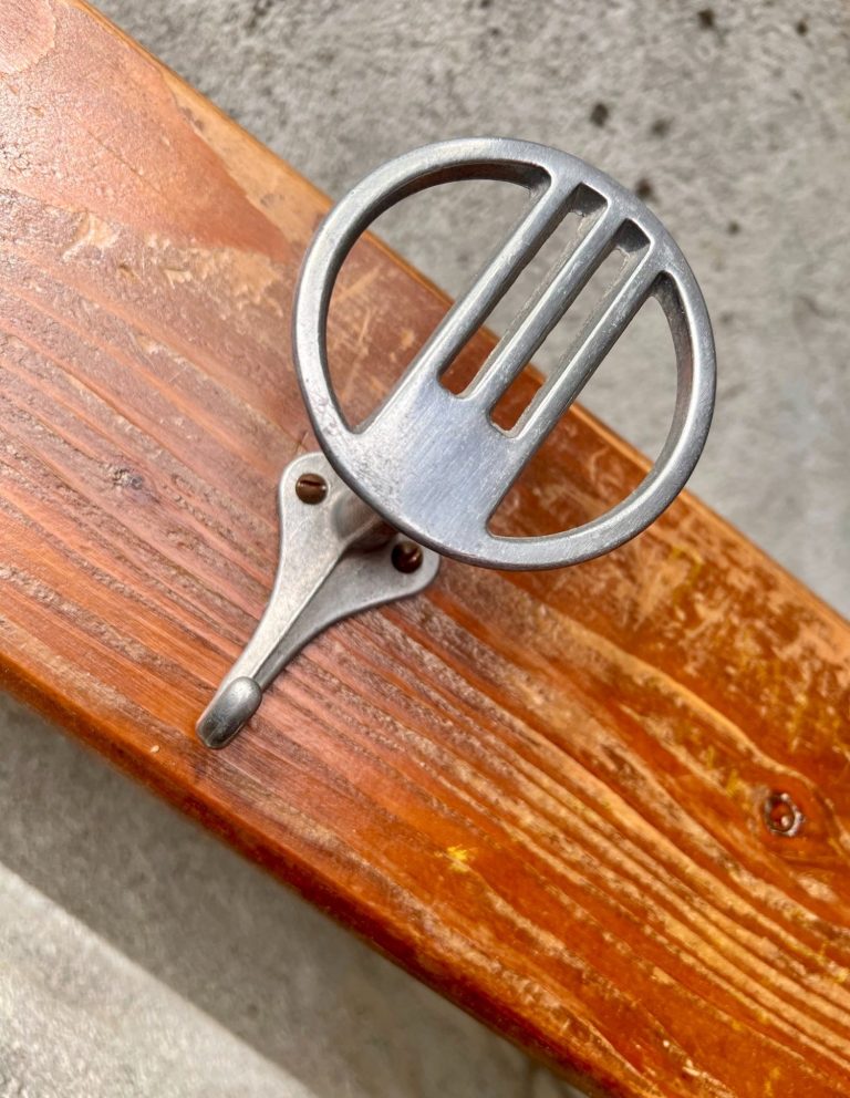 Vintage School or Factory Coat Racks (Pair) – Wood and Aluminum – 200 cm Pair of vintage 200 cm wooden coat racks with aluminum round hooks, likely school or industrial use, mid-century European design.