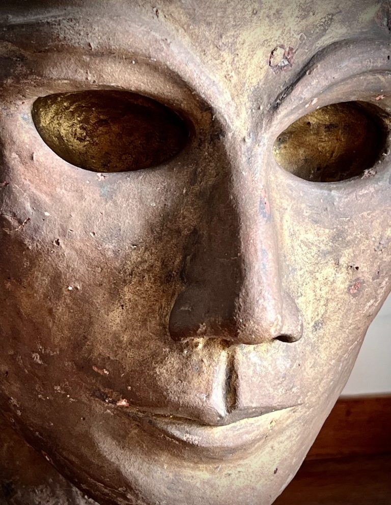 Brutalist Clay Head Sculpture – Studio Ceramic, Mid-20th Century Brutalist clay head sculpture with gold-painted finish, expressive features, mounted on wood base