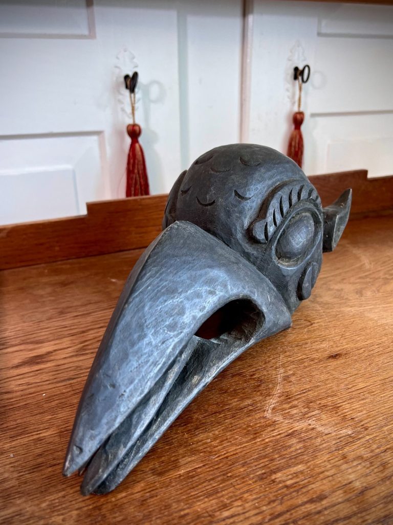 Vintage Wooden Bird Wall Mask – Garuda Carved wooden bird mask with prominent beak and decorative wings