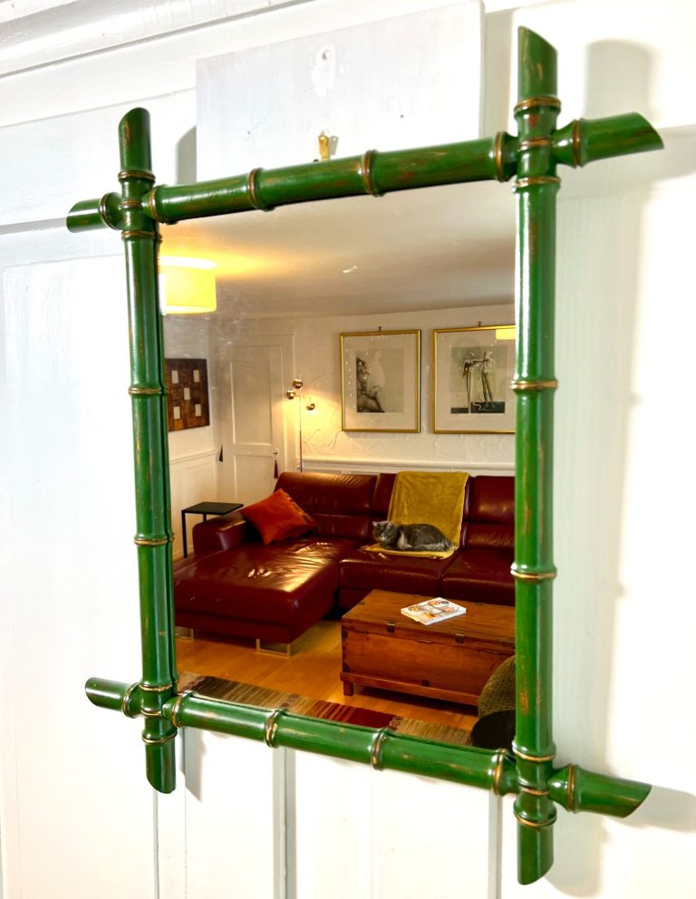 French Faux Bamboo Mirror – Circa 1910, Painted Wood with Original Glass Antique French wall mirror with painted faux bamboo wood frame and chinoiserie detailing, original clear glass, circa 1910